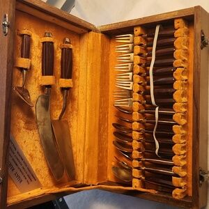 Vintage MCM 20 piece setting of unique Thailand Brass/Bronze Rosewood serveware